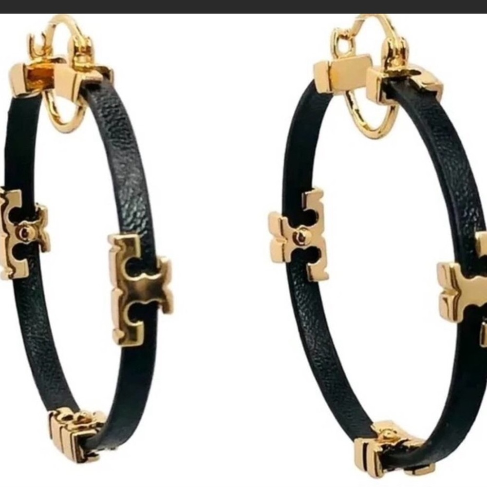 Tory Burch Black leather/ sheriff T hoop earrings - Picture 1 of 6
